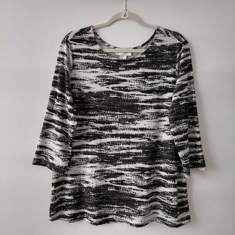 Peck & Peck Womens Black White 3/4 Sleeve Scoop Neck Pullover Top Size L